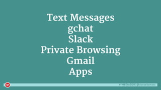 #iMEDIA2016 @danaditomaso
Text Messages
gchat
Slack
Private Browsing
Gmail
Apps
 