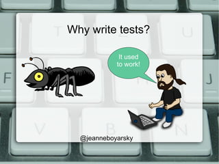 Why write tests?
@jeanneboyarsky
It used
to work!
 