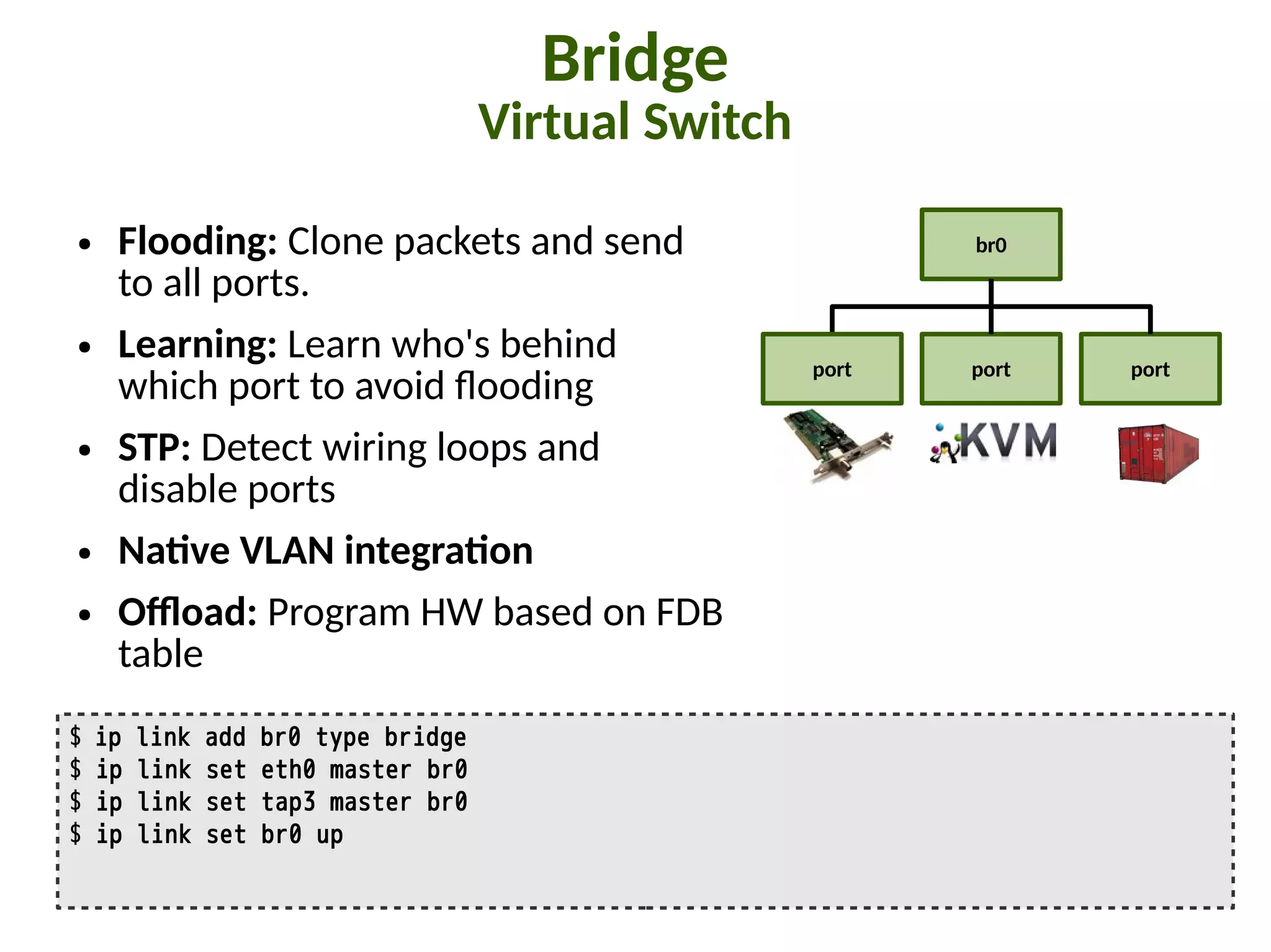 Bridge
Virtual Switch
● Flooding: Clone packets and send
to all ports.
● Learning: Learn who's behind
which port to avoid <ooding
● STP: Detect wiring loops and
disable ports
● Na:ve VLAN integra:on
● OFoad: Program HW based on FDB
table
$ ip link add br0 type bridge
$ ip link set eth0 master br0
$ ip link set tap3 master br0
$ ip link set br0 up
br0
port portport
 