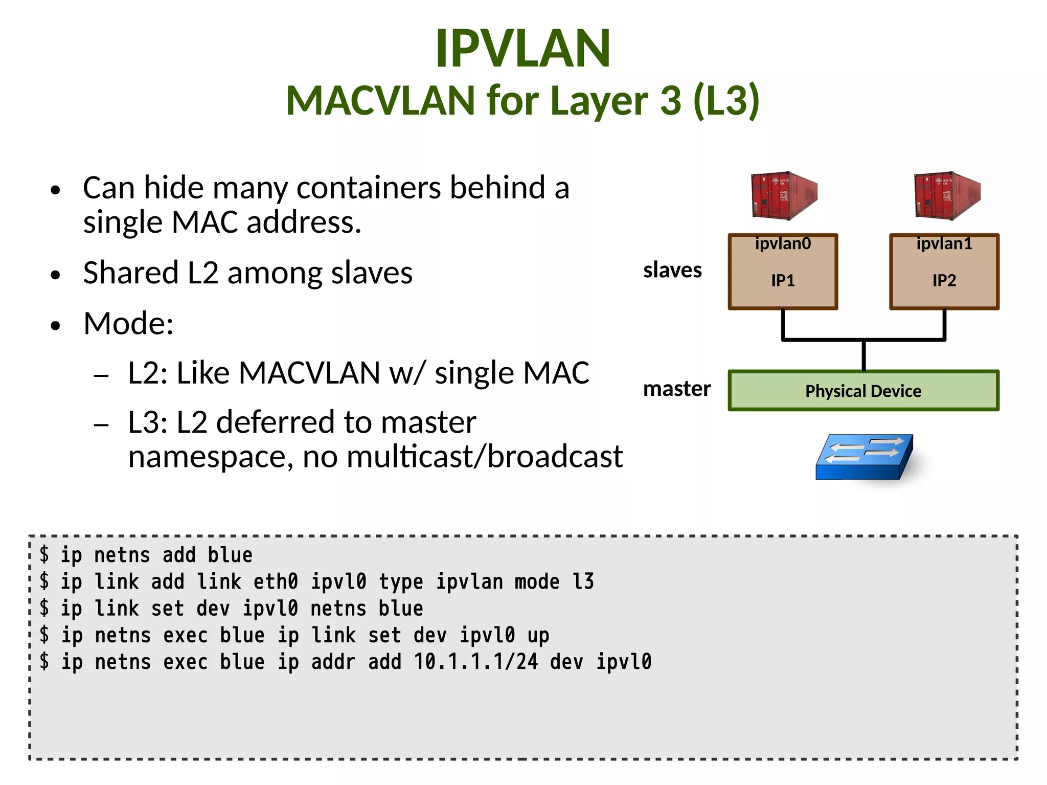 IPVLAN
MACVLAN for Layer 3 (L3)
● Can hide many containers behind a
single MAC address.
● Shared L2 among slaves
● Mode:
– L2: Like MACVLAN w/ single MAC
– L3: L2 deferred to master
namespace, no mul"cast/broadcast
$ ip netns add blue
$ ip link add link eth0 ipvl0 type ipvlan mode l3
$ ip link set dev ipvl0 netns blue
$ ip netns exec blue ip link set dev ipvl0 up
$ ip netns exec blue ip addr add 10.1.1.1/24 dev ipvl0
ipvlan0
IP1
Physical Device
ipvlan1
IP2
master
slaves
 