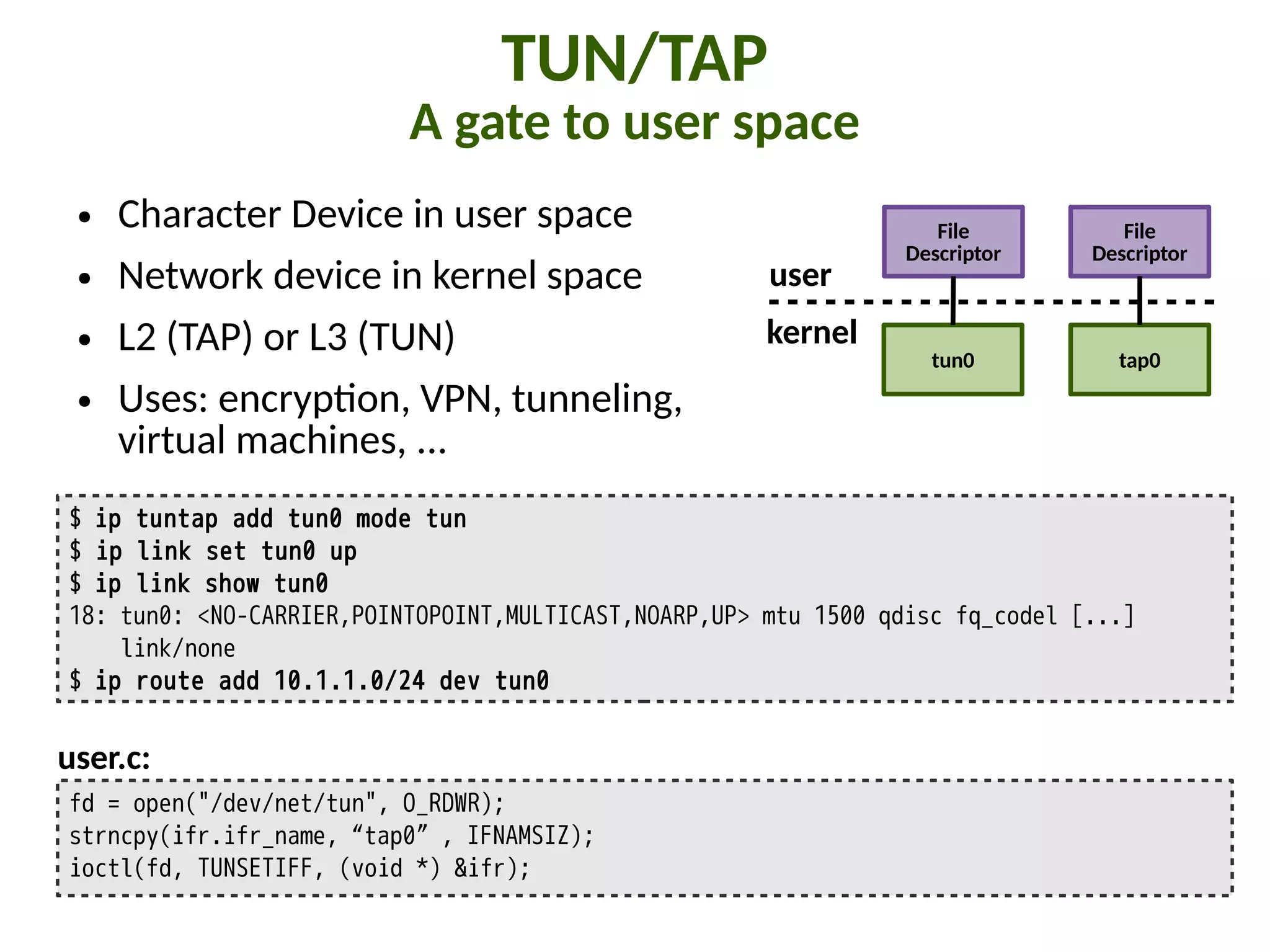 TUN/TAP
A gate to user space
● Character Device in user space
● Network device in kernel space
● L2 (TAP) or L3 (TUN)
● Uses: encryp"on, VPN, tunneling,
virtual machines, ...
tun0 tap0
fd = open("/dev/net/tun", O_RDWR);
strncpy(ifr.ifr_name,“tap0”, IFNAMSIZ);
ioctl(fd, TUNSETIFF, (void *) &ifr);
$ ip tuntap add tun0 mode tun
$ ip link set tun0 up
$ ip link show tun0
18: tun0: <NO-CARRIER,POINTOPOINT,MULTICAST,NOARP,UP> mtu 1500 qdisc fq_codel [...]
link/none
$ ip route add 10.1.1.0/24 dev tun0
user.c:
File
Descriptor
File
Descriptor
kernel
user
 