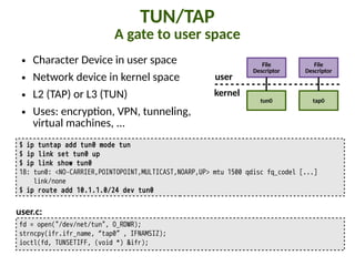 TUN/TAP
A gate to user space
● Character Device in user space
● Network device in kernel space
● L2 (TAP) or L3 (TUN)
● Uses: encryp"on, VPN, tunneling,
virtual machines, ...
tun0 tap0
fd = open("/dev/net/tun", O_RDWR);
strncpy(ifr.ifr_name,“tap0”, IFNAMSIZ);
ioctl(fd, TUNSETIFF, (void *) &ifr);
$ ip tuntap add tun0 mode tun
$ ip link set tun0 up
$ ip link show tun0
18: tun0: <NO-CARRIER,POINTOPOINT,MULTICAST,NOARP,UP> mtu 1500 qdisc fq_codel [...]
link/none
$ ip route add 10.1.1.0/24 dev tun0
user.c:
File
Descriptor
File
Descriptor
kernel
user
 