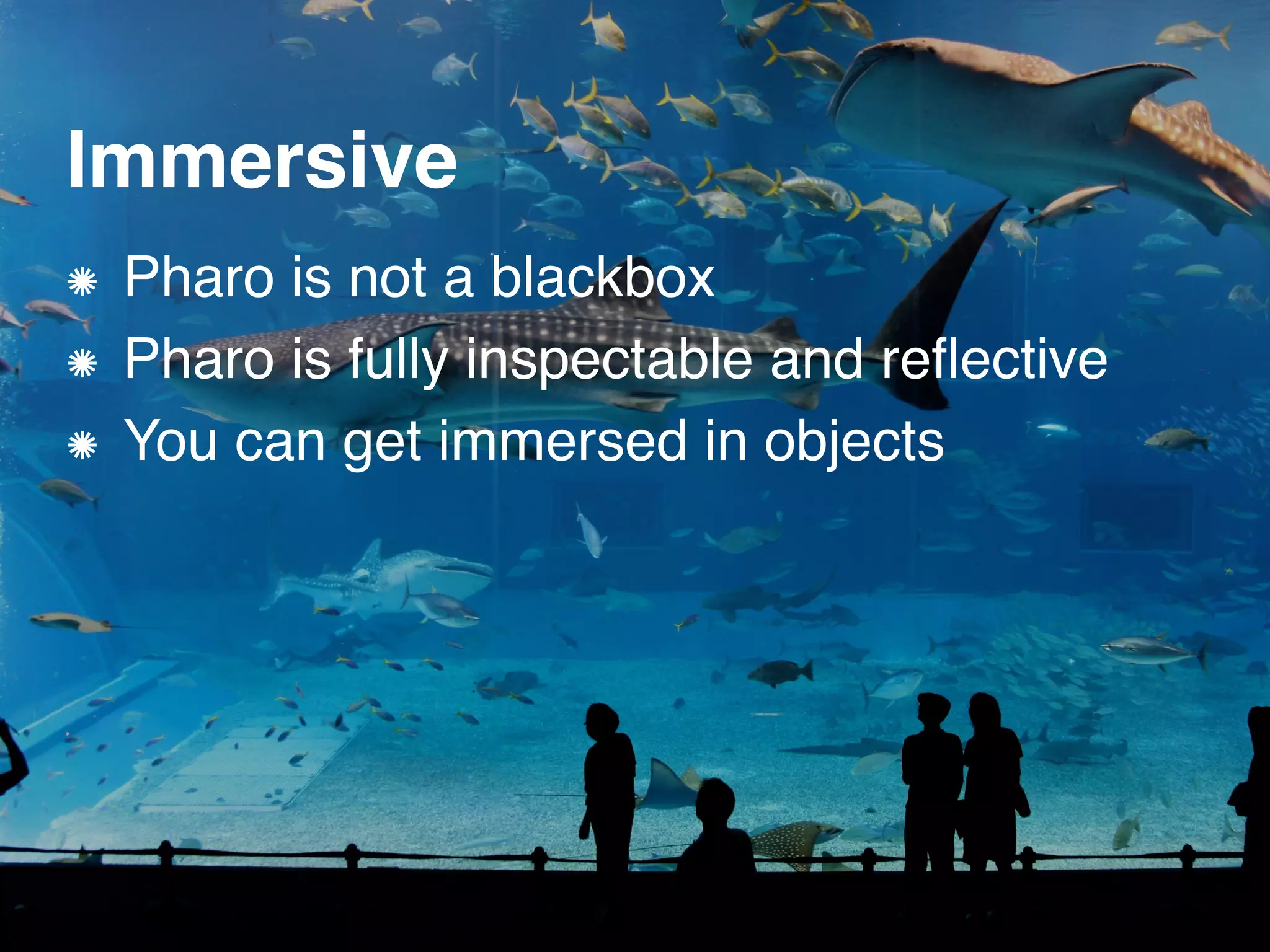 Immersive
Pharo is not a blackbox
Pharo is fully inspectable and reﬂective
You can get immersed in objects
 