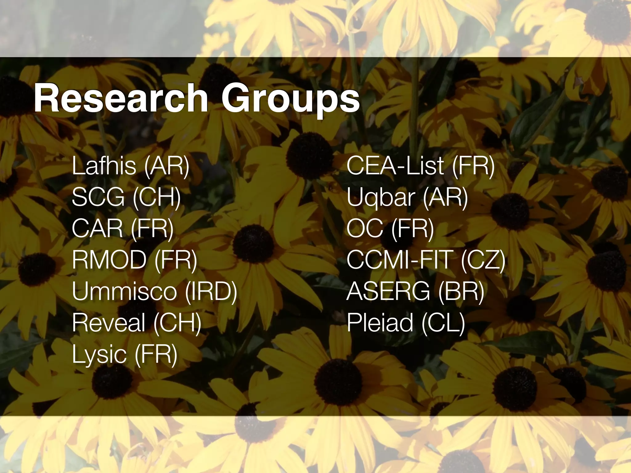 Lafhis (AR)
SCG (CH) 
CAR (FR) 
RMOD (FR)
Ummisco (IRD)
Reveal (CH)
Lysic (FR)
CEA-List (FR)
Uqbar (AR)
OC (FR)
CCMI-FIT (CZ)
ASERG (BR)
Pleiad (CL)
Research Groups
 