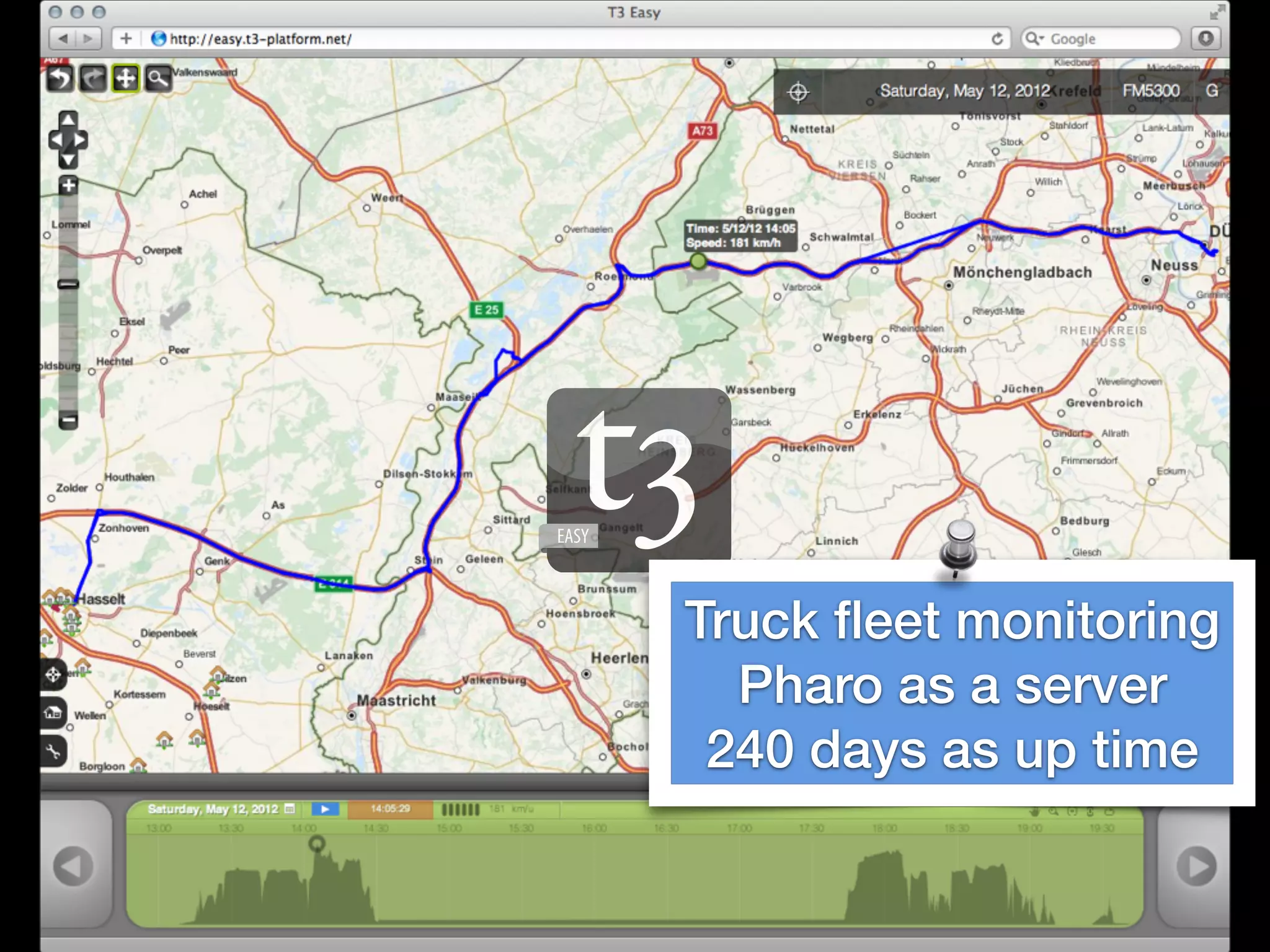 Truck ﬂeet monitoring
Pharo as a server
240 days as up time
 
