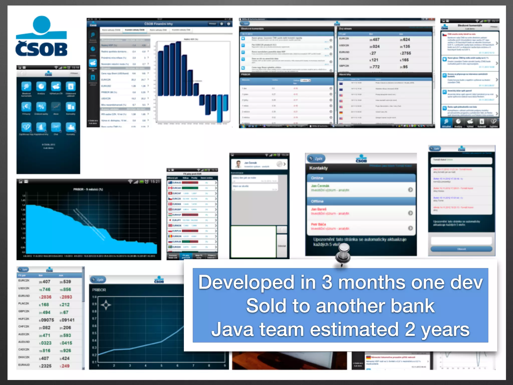 Developed in 3 months one dev
Sold to another bank
Java team estimated 2 years
 