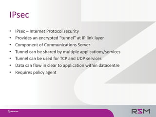 IPsec
• IPsec	– Internet	Protocol	security
• Provides	an	encrypted	“tunnel”	at	IP	link	layer
• Component of	Communications...