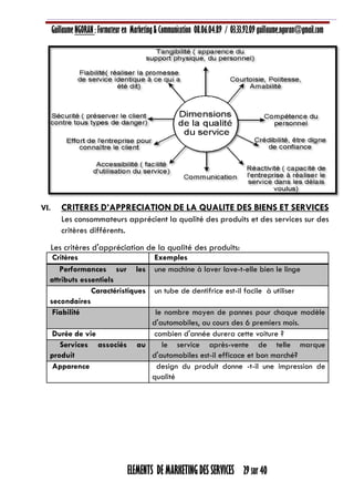 Guillaume NGORAN : Formateur en Marketing & Communication 08.06.04.89 / 03.33.92.09 guillaume.ngoran@gmail.com
ELEMENTS DE MARKETING DES SERVICES 29 sur 40
VI. CRITERES D’APPRECIATION DE LA QUALITE DES BIENS ET SERVICES
Les consommateurs apprécient la qualité des produits et des services sur des
critères différents.
Les critères d'appréciation de la qualité des produits:
Critères Exemples
Performances sur les
attributs essentiels
une machine à laver lave-t-elle bien le linge
Caractéristiques
secondaires
un tube de dentifrice est-il facile à utiliser
Fiabilité le nombre moyen de pannes pour chaque modèle
d'automobiles, au cours des 6 premiers mois.
Durée de vie combien d'année durera cette voiture ?
Services associés au
produit
le service après-vente de telle marque
d'automobiles est-il efficace et bon marché?
Apparence design du produit donne -t-il une impression de
qualité
 