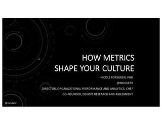 @nicolefv
HOW	METRICS	
SHAPE	YOUR	CULTURE
NICOLE	FORSGREN,	PHD
@NICOLEFV
DIRECTOR,	ORGANIZATIONAL	PERFORMANCE	AND	ANALYTICS,	CHEF
CO-FOUNDER,	DEVOPS	RESEARCH	AND	ASSESSMENT
 