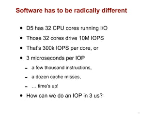 Software has to be radically different
• D5 has 32 CPU cores running I/O
• Those 32 cores drive 10M IOPS
• That’s 300k IOPS per core, or
• 3 microseconds per IOP
- a few thousand instructions,
- a dozen cache misses,
- … time’s up!
• How can we do an IOP in 3 us?
17
 