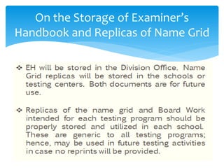 On the Storage of Examiner’s
Handbook and Replicas of Name Grid
 