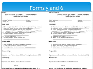 Forms 5 and 6
RC Form 5
TEST BOOKLET QUANTITY and COMPLETENESS
VERIFICATION SHEET
Name of School: _____________________ Region: ____________
School ID: ______________ __ Division: ___________
PRE-TEST
1. How many test booklets were allotted to your testing center as
indicated in the Packing Guide, including buffer? _________
2. Upon opening of boxes, are the test materials:
______ complete _______ incomplete _______ with excess
3. If incomplete, how many are lacking/missing? _______
4. What is/are the Serial Number/s?
_______________________________________
5. If excess, how many? _______
6. What is/are the Serial Number/s?
_________________________________________
POST-TEST
1. After retrieval, are the test booklets complete? _______
2. If not, how many are missing/lacking? ______
3. What is/are the Serial Number/s? _________________
___________________________________________________
Prepared by:
_____________________________________________________
Signature over Printed Name of School Testing Coordinator (STC)
Attested by:
_______________________________________________
Signature over Printed Name of Chief Examiner
_______________________________________________
School
NOTE: This form is to be submitted separately to the DTC.
NETRC Form 6
ANSWER SHEET QUANTITY and COMPLETENESS
VERIFICATION SHEET
Name of School: _____________________ Region: _____________
School ID: _________________ Division: _____________
PRE-TEST
1. How many answer sheets were allotted to your testing center
as indicated in the Packing Guide, including buffer? _________
2. Upon opening of boxes, are the test materials:
________ complete _________ incomplete _________ with excess
3. If incomplete, how many are lacking/missing? _______
4. What is/are the Serial Number/s?
_______________________________________
5 If excess, how many? _______
6. What is/are the Serial Number/s?
_________________________________________
POST-TEST
1. After retrieval, are the answer sheets complete? _______
2. If not, how many are missing/lacking? ______
3. What is/are the Serial Number/s?
___________________________________________
Prepared by:
_______________________________________________________________
Signature over Printed Name of School Testing Coordinator (STC)
Attested by:
______________________________________
Signature over Printed Name of Chief Examiner
______________________________________
School
NOTE: This form is to be submitted separately to the DTC.
 