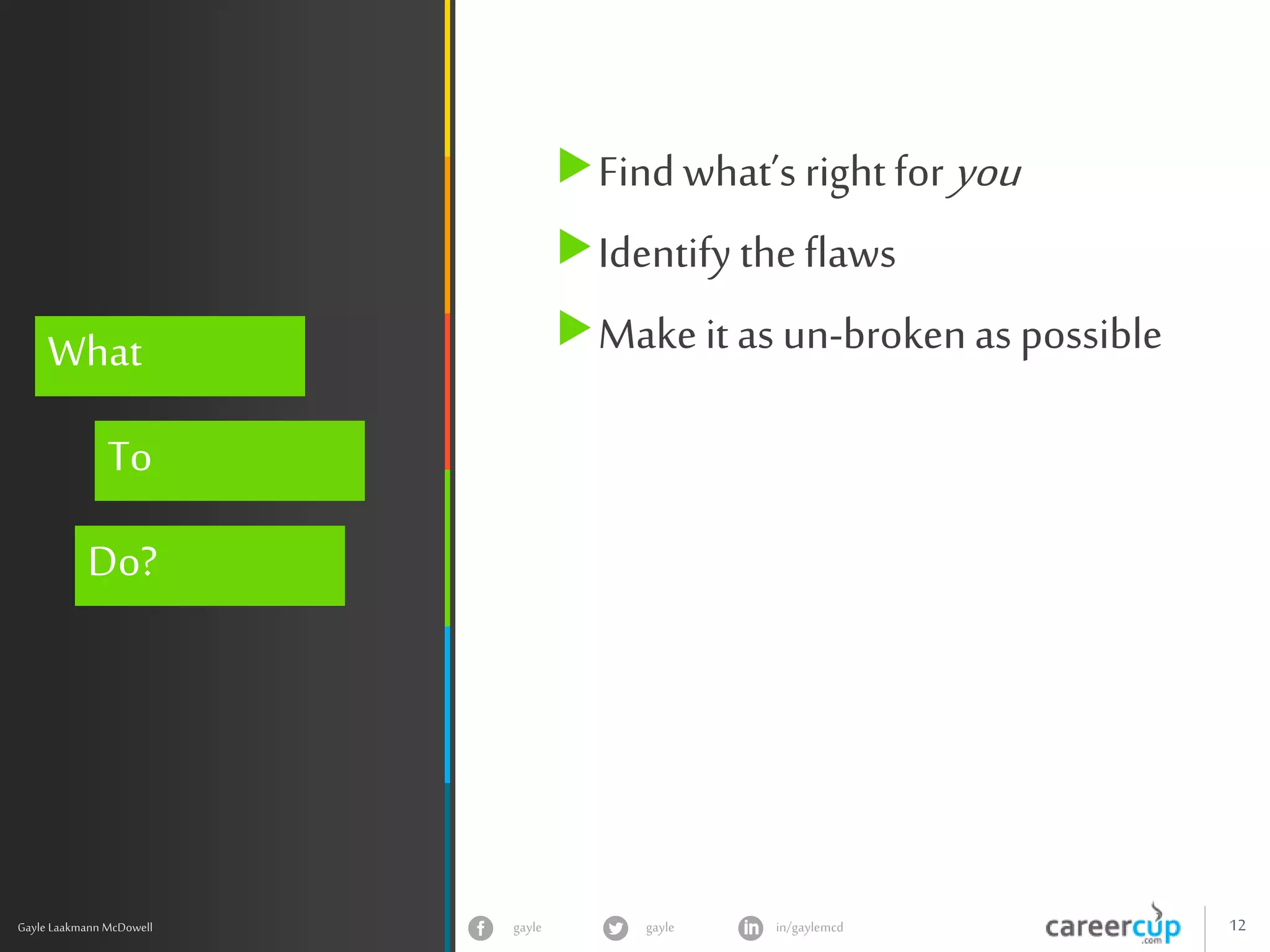 gayle in/gaylemcdgayle 12
z
Gayle Laakmann McDowell
What
To
Do?
Find what’s right for you
Identify theflaws
Make it as un-brokenas possible
 