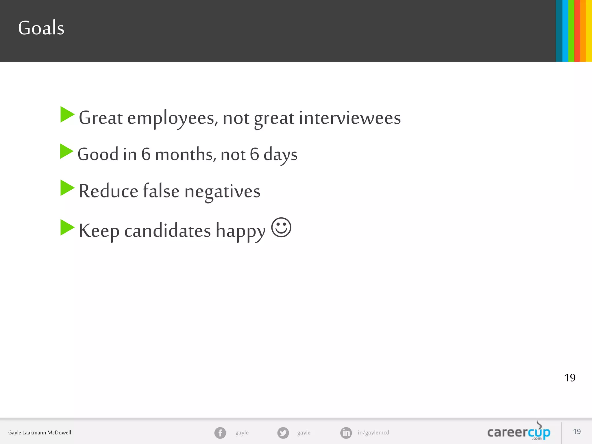 gayle in/gaylemcdgayleGayle Laakmann McDowell 19
Goals
Great employees, not great interviewees
Goodin 6months,not 6days
Reducefalsenegatives
Keepcandidates happy 
19
 