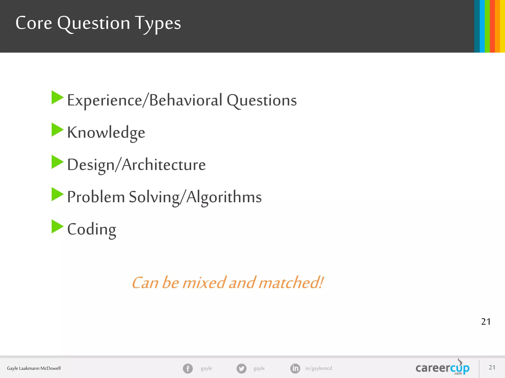 gayle in/gaylemcdgayleGayle Laakmann McDowell 21
Core Question Types
Experience/Behavioral Questions
Knowledge
Design/Architecture
ProblemSolving/Algorithms
Coding
21
Canbemixedandmatched!
 
