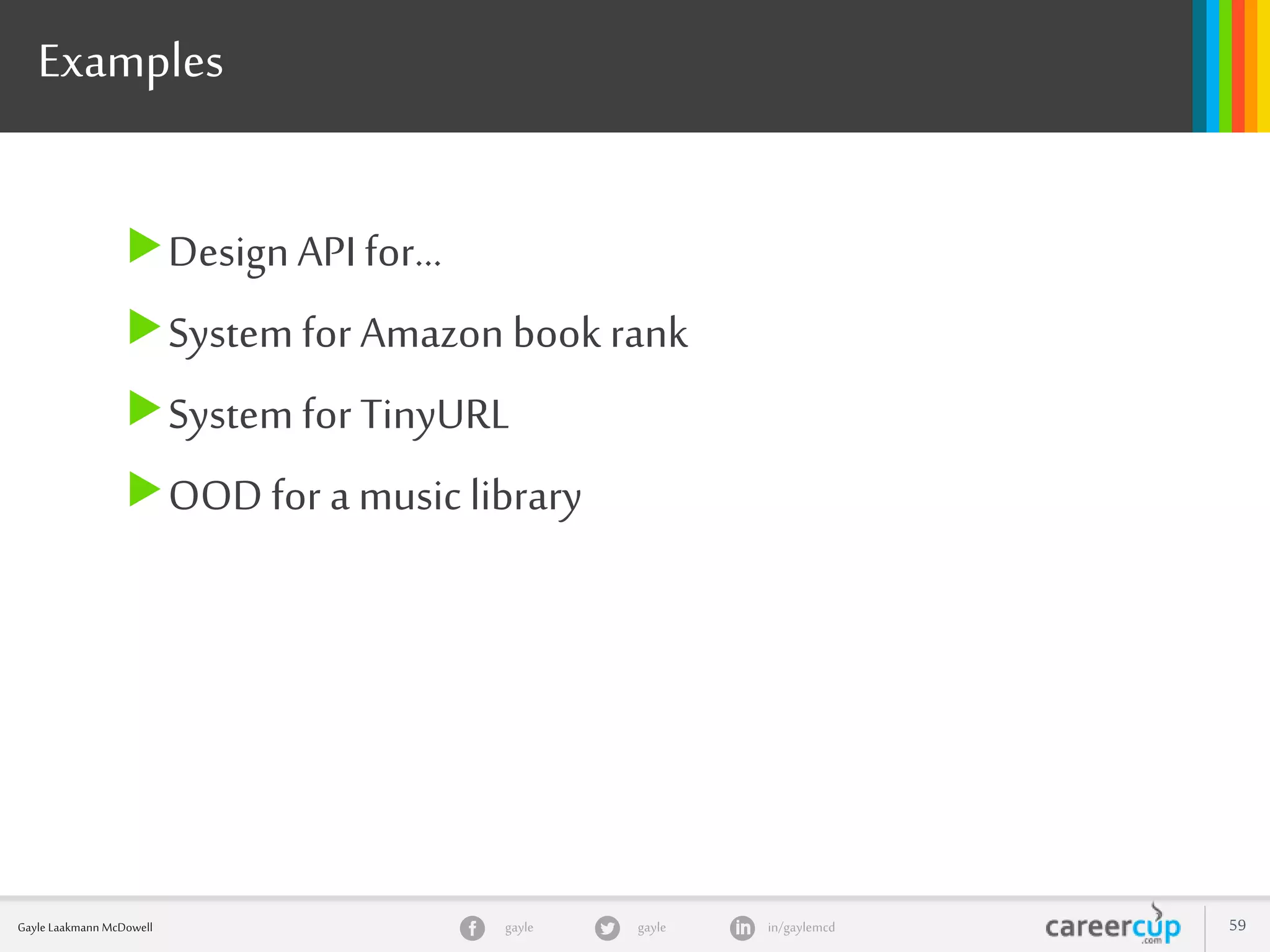 gayle in/gaylemcdgayleGayle Laakmann McDowell 59
Examples
DesignAPI for…
System for Amazon book rank
System for TinyURL
OOD for a music library
 