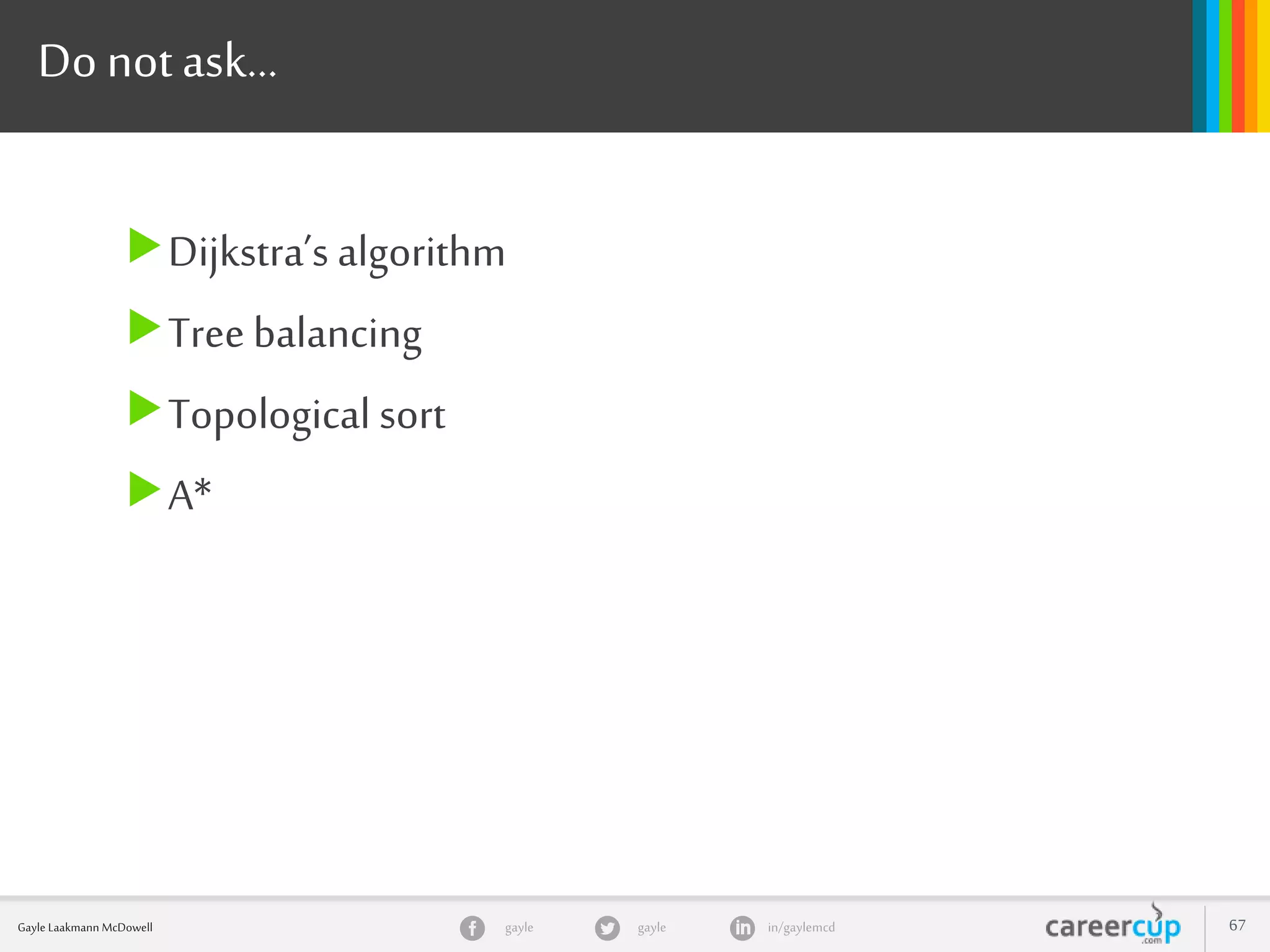gayle in/gaylemcdgayleGayle Laakmann McDowell 67
Do notask…
Dijkstra’s algorithm
Tree balancing
Topological sort
A*
 