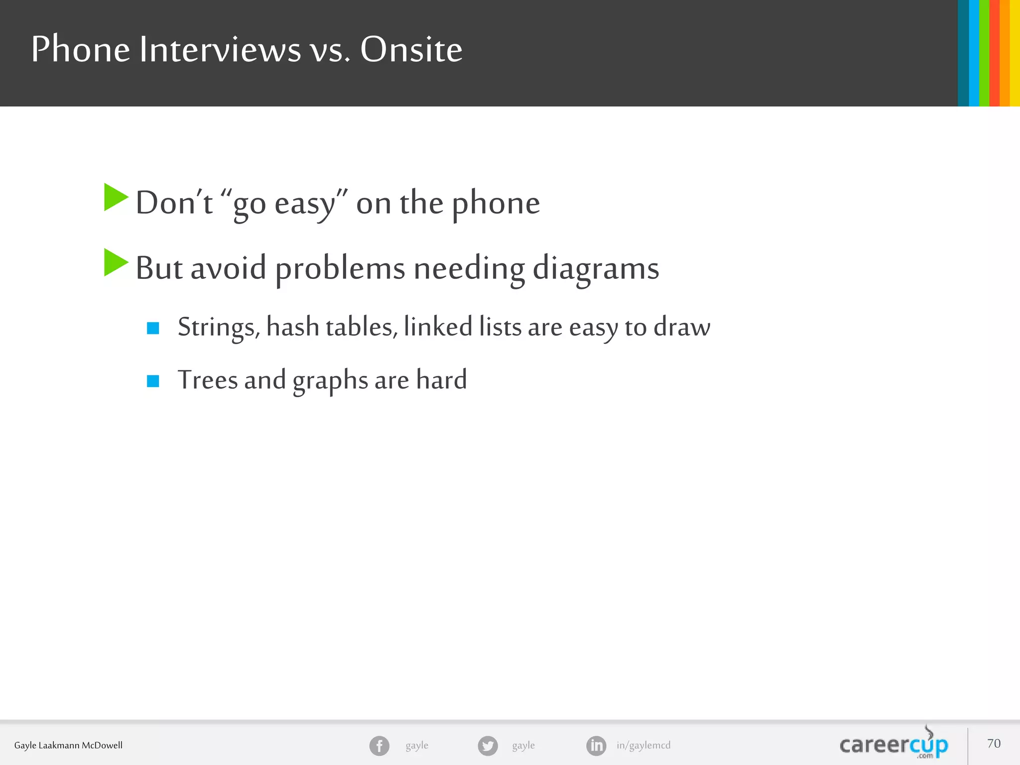 gayle in/gaylemcdgayleGayle Laakmann McDowell 70
Phone Interviews vs. Onsite
Don’t “go easy” on thephone
But avoid problems needingdiagrams
 Strings,hashtables,linkedlistsare easytodraw
 Treesandgraphsare hard
 