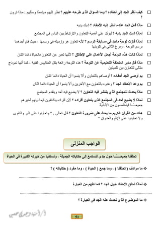 51
‫كيف‬‫نظر‬‫الجد‬‫إلى‬‫أحفاده‬‫؟‬‫وما‬‫السؤال‬‫الذى‬‫طرحه‬‫عليهم‬‫؟‬‫نظر‬‫إليهم‬‫ما‬ً‫ا‬ ‫مبتس‬‫لومسألهم‬‫ماذا‬ :‫ترلون‬
‫؟‬
‫ماذا‬‫فعل‬‫الجد‬‫عندما‬‫نظر‬‫إليه‬‫الحفاد‬‫؟‬‫شبك‬‫يديه‬
‫لماذا‬‫شبك‬‫الجد‬‫يديه‬‫؟‬‫ليؤكد‬‫على‬‫أهمية‬‫التعالون‬‫لوالرتباط‬‫بين‬‫الناس‬‫فى‬‫المجتمع‬
‫لماذا‬‫فازت‬‫لوحة‬‫مادجد‬‫فى‬‫مسابقة‬‫الرسم‬‫؟‬‫لنه‬‫تعالون‬‫هو‬‫لوزميله‬‫فى‬‫رمسمها‬،‫حيث‬‫قام‬‫أحدهما‬
‫برمسم‬‫اللوحة‬،‫لوبرع‬‫الثانى‬‫فى‬‫تلوينها‬
‫لماذا‬‫كانت‬‫هذه‬‫اللوحة‬‫أدجمل‬‫العمال‬‫على‬‫الطلق‬‫؟‬‫لنها‬‫تعبر‬‫عن‬‫التعالون‬‫فالحياة‬‫دائما‬‫اثنان‬
‫ماذا‬‫قال‬‫مدير‬‫المنطقة‬‫التعليمية‬‫عن‬‫اللوحة‬‫؟‬‫هذه‬‫اللوحة‬‫رائعة‬‫بكل‬‫المقاييس‬‫الفنية‬،‫كما‬‫أنها‬‫نموذج‬
‫مثالى‬‫للتعالون‬‫بين‬‫تلميذين‬
‫بم‬‫أوغصى‬‫الجد‬‫أحفاده‬‫؟‬‫ألوصاهم‬‫بالتعالون‬‫لوأل‬‫ينسوا‬‫أن‬‫الحياة‬‫دائما‬‫اثنان‬
‫بم‬‫وعد‬‫الحفاد‬‫الجد‬‫؟‬‫لوعدلوه‬‫بالتعالون‬‫مع‬‫الخرين‬‫لوأل‬‫ينسوا‬‫أن‬‫الحياة‬‫دائما‬‫اثنان‬
‫ماذا‬‫يحدث‬‫للمجتمع‬‫الذي‬‫ينتشر‬‫فيه‬‫التعاون‬‫؟‬‫ل‬‫يضيع‬‫فيه‬‫أحد‬‫لويتقدم‬‫المجتمع‬
‫لماذا‬‫ل‬‫يضيع‬‫أحد‬‫فى‬‫المجتمع‬‫الذى‬‫يتعاون‬‫أفراده‬‫؟‬‫لن‬‫أفراده‬‫يتكاتفون‬‫فيما‬‫بينهم‬‫لخيرهم‬
‫ـــا‬ً‫ا‬‫جميعــ‬‫فيتخلصون‬‫من‬‫النانية‬
‫هات‬‫من‬‫القرآن‬‫الكريم‬‫ما‬‫يحث‬‫على‬‫ضرورة‬‫التعاون‬‫؟‬‫قال‬‫تعالى‬‫لوتعالونوا‬ " :‫على‬‫البر‬‫لوالتقوى‬
‫لول‬‫تعالونوا‬‫على‬‫الثم‬‫لوالعدلوان‬"
‫ما‬‫مرادف‬‫تحلقنا‬ )، (‫وما‬‫دجمع‬‫الحياة‬ )، (‫وما‬‫مفرد‬‫حكاياته‬ )‫؟‬ (
...........................................................................................................................
‫لماذا‬‫تحلق‬‫الحفاد‬‫حول‬‫الجد‬‫؟‬‫كما‬‫تفهم‬‫من‬‫العبارة‬
..........................................................................................................................
‫ما‬‫الموضوع‬‫الذى‬‫تحدث‬‫عنه‬‫الجد‬‫فى‬‫العبارة‬‫؟‬
‫الحياة‬ ‫فى‬ ‫الكبيرة‬ ‫خبرته‬ ‫من‬ ‫ونستفيد‬ ، ‫الجميلة‬ ‫حكاياته‬ ‫إلى‬ ‫لنستمع‬ ‫دجدى‬ ‫حول‬ ‫ـــا‬ً‫ا‬‫ـ‬‫دجميعـــ‬ ‫تحلقنا‬‫الحياة‬ ‫فى‬ ‫الكبيرة‬ ‫خبرته‬ ‫من‬ ‫ونستفيد‬ ، ‫الجميلة‬ ‫حكاياته‬ ‫إلى‬ ‫لنستمع‬ ‫دجدى‬ ‫حول‬ ‫ـــا‬ً‫ا‬‫ـ‬‫دجميعـــ‬ ‫تحلقنا‬
‫المنزلى‬ ‫الوادجب‬‫المنزلى‬ ‫الوادجب‬
 