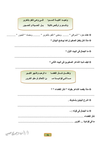 51
‫هات‬‫مفرد‬‫السواقى‬ "‫ومعنى‬ ......... "‫تلغو‬ "‫بالخرير‬‫ومضاد‬ ........... "‫الحبور‬ "............. "
‫ماذا‬‫كان‬‫يفعل‬‫الصغيران‬‫كما‬‫يوضح‬‫البيتان‬‫؟‬
...........................................................................................................
‫ما‬‫الجمال‬‫فى‬‫البيت‬‫الول‬‫؟‬
...........................................................................................................
‫كيف‬‫شبه‬‫الشاعر‬‫الصغيرين‬‫فى‬‫البيت‬‫الثانى‬‫؟‬
..........................................................................................................
‫ماذا‬‫يقصد‬‫الشاعر‬‫بقوله‬‫ننثر‬ "‫للفضاء‬‫؟‬ "
.......................................................................................................
‫اشرح‬‫البيتين‬‫بأسلوبك‬.
.......................................................................................................
‫ما‬‫الجمال‬‫فى‬‫قوله‬- :
‫ننثر‬‫للفضاء‬........................................................................................
‫ما‬‫فى‬‫فؤادينا‬‫الغرور‬ .............................................................................
‫بالخرير‬ ‫تلغو‬ ‫اـى‬‫ه‬‫و‬ ‫اـى‬‫اـ‬‫اـ‬‫ق‬ ‫الساـاـاـاـوا‬ ‫أغنياـاـاـة‬ ‫اـد‬‫اـ‬‫ونعياـ‬
‫اـبور‬‫اـ‬‫اـ‬‫ح‬‫لل‬ ‫و‬ ‫اـياة‬‫اـ‬‫اـ‬‫ح‬‫لل‬ ‫اـل‬‫اـ‬‫ب‬ ‫كالبل‬ ‫نرقاـص‬ ‫و‬ ‫اـدو‬‫اـ‬‫ونش‬
‫بالخرير‬ ‫تلغو‬ ‫اـى‬‫ه‬‫و‬ ‫اـى‬‫اـ‬‫اـ‬‫ق‬ ‫الساـاـاـاـوا‬ ‫أغنياـاـاـة‬ ‫اـد‬‫اـ‬‫ونعياـ‬
‫اـبور‬‫اـ‬‫اـ‬‫ح‬‫لل‬ ‫و‬ ‫اـياة‬‫اـ‬‫اـ‬‫ح‬‫لل‬ ‫اـل‬‫اـ‬‫ب‬ ‫كالبل‬ ‫نرقاـص‬ ‫و‬ ‫اـدو‬‫اـ‬‫ونش‬
‫اـير‬‫اـ‬‫الكب‬ ‫اـهر‬‫ن‬‫وال‬ ‫الرحب‬ ‫ء‬ ‫للفضاـاـا‬ ‫نناـاـاـاـثر‬ ‫اـاـاـاـل‬‫اـ‬‫ونظ‬
‫اـرور‬‫غ‬‫ال‬ ‫حلو‬ ‫أو‬ ‫الحلم‬ ‫اـن‬ ‫ماـاـ‬ ‫اـاـنا‬‫اـ‬‫فؤادياـ‬ ‫فاـاـى‬ ‫اـاـاـا‬‫اـ‬‫م‬
‫اـير‬‫اـ‬‫الكب‬ ‫اـهر‬‫ن‬‫وال‬ ‫الرحب‬ ‫ء‬ ‫للفضاـاـا‬ ‫نناـاـاـاـثر‬ ‫اـاـاـاـل‬‫اـ‬‫ونظ‬
‫اـرور‬‫غ‬‫ال‬ ‫حلو‬ ‫أو‬ ‫الحلم‬ ‫اـن‬ ‫ماـاـ‬ ‫اـاـنا‬‫اـ‬‫فؤادياـ‬ ‫فاـاـى‬ ‫اـاـاـا‬‫اـ‬‫م‬
 