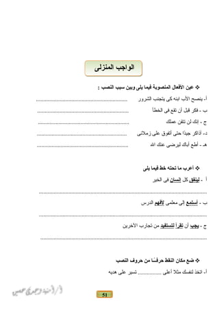 51
‫عين‬‫الفعال‬‫المنصوبة‬‫فيما‬‫يلى‬‫وبين‬‫سبب‬‫النصب‬:
‫ينصح‬ -‫أ‬‫الب‬‫ابنه‬‫كى‬‫يتجنب‬‫الشرور‬..............................................................
‫ب‬‫فكر‬ -‫قبل‬‫أن‬‫تقع‬‫فى‬‫الخطأ‬..............................................................
‫ج‬‫إنك‬ -‫لن‬‫تتقن‬‫عملك‬..............................................................
‫أذاكر‬ -‫د‬‫دا‬ً‫ا‬‫جي‬‫حتى‬‫أتفوق‬‫على‬‫زملئى‬.............................................................
‫هاـ‬‫أفطع‬ -‫أباك‬‫ليرضى‬‫عنك‬‫ال‬..............................................................
‫أعر ب‬‫ما‬‫تحته‬‫خط‬‫فيما‬‫يلى‬
‫أ‬-‫لينفق‬‫كل‬‫إنسان‬‫فى‬‫الخير‬
..................................................................................................................
‫ب‬-‫أستمع‬‫إلى‬‫معلمى‬‫لفهم‬‫الدرس‬
..................................................................................................................
‫ج‬-‫يجب‬‫أن‬‫تقرأ‬‫لتستفيد‬‫من‬‫تجارب‬‫الخرين‬
.................................................................................................................
‫ضع‬‫مكان‬‫النقط‬‫اـاـا‬ً‫ا‬‫اـ‬‫ف‬‫حر‬‫من‬‫حروف‬‫النصب‬
‫اتخذ‬ -‫أ‬‫لنفسك‬‫مثل‬‫أعلى‬‫تسير‬ ................‫على‬‫هديه‬
‫المنزلى‬ ‫الواجب‬‫المنزلى‬ ‫الواجب‬
 