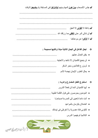 51
‫جلس‬‫الحصحاب‬‫يوزعون‬‫المهام‬‫بينهم‬‫ليشتركوا‬‫فى‬‫المسابقة‬‫ولم‬‫يضيعوا‬‫الوقت‬
...............................................................................................................
...............................................................................................................
...............................................................................................................
‫يا‬‫فتاة‬‫ل‬‫تقولى‬‫إل‬‫الحق‬...........................................................................
‫لن‬‫تنالى‬‫البر‬‫حتى‬‫تنفقى‬‫مما‬‫رزقك‬‫ال‬..............................................................
‫ل‬‫تتأخر‬‫ا‬‫عن‬‫موعدكما‬.............................................................................
‫اجعل‬‫الفاعل‬‫فى‬‫الجمل‬‫التالية‬‫مبتدأ‬‫واكتبها‬‫صحيحة‬:
•‫يتقن‬‫العمال‬‫عملهم‬...................................................................
•‫لن‬‫ينجح‬‫التلميذان‬‫إل‬‫بالجد‬‫والجتهاد‬..................................................................
•‫لم‬‫يزرع‬‫الفلحون‬‫بنجر‬‫السكر‬...................................................................
•‫يمثل‬‫العلم‬‫و‬‫اليمان‬‫نهضة‬‫المم‬..................................................................
‫استخرج‬‫الفعل‬‫المضارع‬‫وإعربه‬:
•‫أيها‬‫التلميذان‬‫أنتما‬‫لن‬‫تفعل‬‫الشرور‬............................................................
•‫المؤمنون‬‫يحرحصون‬‫على‬‫قول‬‫الكلمة‬‫الطيبة‬............................................................
•‫أنت‬‫دائما‬‫تذهبين‬‫إلى‬‫المدرسة‬‫اـاـا‬ً‫حصباحاــ‬............................................................
•‫العاملن‬‫يلتزمان‬‫بالمواعيد‬............................................................
•‫لتكونى‬‫فتاة‬‫عصرية‬‫ول‬‫تفرطى‬‫فى‬‫إيمانك‬..........................................................
•‫التلميذ‬‫لم‬‫يفهموا‬‫الدرس‬...........................................................
 