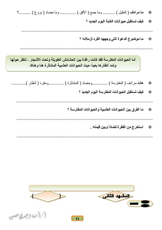 51
‫ما‬‫مرادف‬‫ العليل‬ )‫وم ا‬ .......... (‫جمع‬‫ الفق‬ )‫وم ا‬ ............. (‫مض اد‬‫بزوغ‬ )‫..........؟‬ (
‫كيف‬‫تستقبل‬‫حيوانات‬‫الغابة‬‫اليوم‬‫الجديد‬‫؟‬
.............................................................................................................
‫ما‬‫موضوع‬‫الدعوة‬‫التى‬‫وجهها‬‫القرد‬‫لزملئه‬‫؟‬
..............................................................................................................
‫هات‬‫مر ادف‬‫ المفترسة‬ )‫.............ومض اد‬ (‫ المتن اثرة‬ )‫.............ومفرد‬ (‫أنظ ار‬ )............(
‫كيف‬‫تستقبل‬‫الحيوانات‬‫المفترسة‬‫اليوم‬‫الجديد‬‫؟‬
.................................................................................................................
‫ما‬‫الفرق‬‫بين‬‫الحيوانات‬‫العشبية‬‫والحيوانات‬‫المفترسة‬‫؟‬
.................................................................................................................
‫استخرج‬‫من‬‫الفقرة‬‫دا‬ً‫ا‬‫تضا‬‫وبين‬‫قيمته‬.
.................................................................................................................
‫حولها‬ ‫تنظر‬ ، ‫الشجار‬ ‫وتحت‬ ‫الطويلة‬ ‫الحشائش‬ ‫بين‬ ‫راقدة‬ ‫كانت‬ ‫فقد‬ ‫المفترسة‬ ‫الحيوانات‬ ‫أما‬
‫وهناك‬ ‫هنا‬ ‫المتنانثرة‬ ‫العشبية‬ ‫الحيوانات‬ ‫حيث‬ ‫دا‬ً‫ا‬‫بعي‬ ‫أنظارها‬ ‫وتمد‬
‫حولها‬ ‫تنظر‬ ، ‫الشجار‬ ‫وتحت‬ ‫الطويلة‬ ‫الحشائش‬ ‫بين‬ ‫راقدة‬ ‫كانت‬ ‫فقد‬ ‫المفترسة‬ ‫الحيوانات‬ ‫أما‬
‫وهناك‬ ‫هنا‬ ‫المتنانثرة‬ ‫العشبية‬ ‫الحيوانات‬ ‫حيث‬ ‫دا‬ً‫ا‬‫بعي‬ ‫أنظارها‬ ‫وتمد‬
 