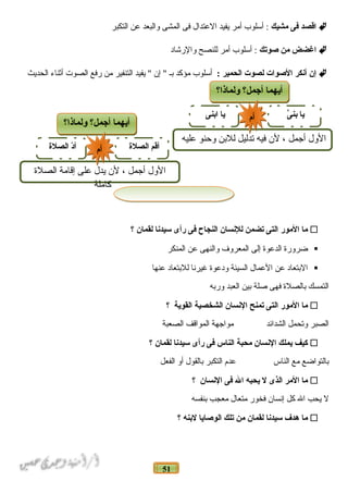 51
‫اقصد‬‫فى‬‫مشيك‬‫أسلوب‬ :‫أمر‬‫يفيد‬‫العتدال‬‫فى‬‫المشى‬‫والبعد‬‫عن‬‫التكبر‬
‫اغضض‬‫من‬‫صوتك‬‫أسلوب‬ :‫أمر‬‫للنصح‬‫والرشاد‬
‫إن‬‫أنكر‬‫الصوات‬‫لصوت‬‫الحمير‬:‫أسلوب‬‫مؤكد‬‫باـ‬‫إن‬ ‫يفيد‬ ‫التنفير‬‫من‬‫رفع‬‫الصوت‬‫أنثناء‬‫الحديث‬
‫ما‬‫المور‬‫التى‬‫تضمن‬‫للنسان‬‫النجاح‬‫فى‬‫رأى‬‫سيدنا‬‫لقمان‬‫؟‬
‫ضرورة‬‫الدعوة‬‫إلى‬‫المعروف‬‫والنهى‬‫عن‬‫المنكر‬
‫البتعاد‬‫عن‬‫العمال‬‫السيئة‬‫ودعوة‬‫غيرنا‬‫للبتعاد‬‫عنها‬
‫التمسك‬‫بالصلة‬‫فهى‬‫حصلة‬‫بين‬‫العبد‬‫وربه‬
‫ما‬‫المور‬‫التى‬‫تمنح‬‫النسان‬‫الشخصية‬‫القوية‬‫؟‬
‫الصبر‬‫وتحمل‬‫الشدائد‬‫مواجهة‬‫المواقف‬‫الصعبة‬
‫كيف‬‫يملك‬‫النسان‬‫محبة‬‫الناس‬‫فى‬‫رأى‬‫سيدنا‬‫لقمان‬‫؟‬
‫بالتواضع‬‫مع‬‫الناس‬‫عدم‬‫التكبر‬‫بالقول‬‫أو‬‫الفعل‬
‫ما‬‫المر‬‫الذى‬‫ل‬‫يحبه‬‫ال‬‫فى‬‫النسان‬‫؟‬
‫ل‬‫يحب‬‫ال‬‫كل‬‫إنسان‬‫فخور‬‫متعال‬‫معجب‬‫بنفسه‬
‫ما‬‫هدف‬‫سيدنا‬‫لقمان‬‫من‬‫تلك‬‫الوصايا‬‫لبنه‬‫؟‬
‫ولماذا؟‬ ‫أجمل؟‬ ‫أيهما‬‫ولماذا؟‬ ‫أجمل؟‬ ‫أيهما‬
‫ى‬َّ ‫بن‬ ‫يا‬‫ابنى‬ ‫يا‬
‫عليه‬ ‫وحنو‬ ‫للبن‬ ‫تدليل‬ ‫فيه‬ ‫لن‬ ، ‫أجمل‬ ‫الول‬
‫أ م‬‫أ م‬
‫ولماذا؟‬ ‫أجمل؟‬ ‫أيهما‬‫ولماذا؟‬ ‫أجمل؟‬ ‫أيهما‬
‫الصلة‬ ‫أقم‬‫الصلة‬ ‫د‬ّ ‫أ‬
‫الصلة‬ ‫إقامة‬ ‫على‬ ‫يدل‬ ‫لن‬ ، ‫أجمل‬ ‫الول‬
‫كاملة‬
‫أ م‬‫أ م‬
 