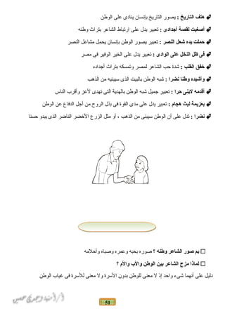 51
‫هتف‬‫التاريخ‬:‫يصور‬‫التاريخ‬‫بإنسان‬‫ينادى‬‫على‬‫الوطن‬
‫أصغيت‬‫لقصة‬‫أجدادى‬:‫تعبير‬‫يدل‬‫على‬‫ارتباط‬‫الشاعر‬‫بتراث‬‫وطنه‬
‫حملت‬‫يده‬‫شعل‬‫النصر‬:‫تعبير‬‫يصور‬‫الوطن‬‫بإنسان‬‫يحمل‬‫مشاعل‬‫النصر‬
‫فى‬‫ظل‬‫النخل‬‫على‬‫الوادى‬:‫تعبير‬‫يدل‬‫على‬‫الخير‬‫الوفير‬‫فى‬‫مصر‬
‫خفق‬‫القلب‬:‫شدة‬‫حب‬‫الشاعر‬‫لمصر‬‫وتمسكه‬‫بتراث‬‫أجداده‬
‫وأشيده‬‫وطنا‬‫نضرا‬:‫شبه‬‫الوطن‬‫بالبيت‬‫الذى‬‫سيبنيه‬‫من‬‫الذهب‬
‫أقدمه‬‫لنبنى‬‫حرا‬:‫تعبير‬‫جميل‬‫شبه‬‫الوطن‬‫بالهدية‬‫التى‬‫تهدى‬‫لعز‬‫وأقرب‬‫الناس‬
‫نبعزيمة‬‫ليث‬‫هجام‬:‫تعبير‬‫يدل‬‫على‬‫مدى‬‫القوة‬‫فى‬‫بذل‬‫الروح‬‫من‬‫أجل‬‫الدفاع‬‫عن‬‫الوطن‬
‫نضرا‬:‫تدل‬‫على‬‫أن‬‫الوطن‬‫سيبنى‬‫من‬‫الذهب‬،‫أو‬‫مثل‬‫الزرع‬‫الضخضر‬‫الناضر‬‫الذى‬‫يبدو‬‫حسنا‬
‫نبم‬‫صور‬‫الشاعر‬‫وطنه‬‫؟‬‫صوره‬‫بحبه‬‫وعمره‬‫وصباه‬‫وأحلمه‬
‫لماذا‬‫مزج‬‫الشاعر‬‫نبين‬‫الوطن‬‫وال ب‬‫والم‬‫؟‬
‫دليل‬‫على‬‫أنهما‬‫شىء‬‫واحد‬‫إذ‬‫ل‬‫معنى‬‫للوطن‬‫بدون‬‫السرة‬‫ول‬‫معنى‬‫للسرة‬‫فى‬‫غياب‬‫الوطن‬
 