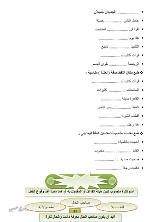 51
‫الجديدان‬ .....................‫جميلن‬
‫عامل‬‫الناس‬‫حسنة‬ .................
‫اقرأ‬‫فى‬‫المناسب‬ ....................
‫هذا‬‫يوم‬............................
‫التلميذ‬‫ناجح‬ ....................
‫قرأت‬‫ــا‬ً‫ـ‬‫كتابـــ‬..................
‫الرياضة‬‫تقوى‬ .................‫الجسم‬
‫ضع‬‫مكان‬‫النقط‬‫صفة‬‫ـا‬ً‫ا‬‫ـ‬‫نعت‬ )‫مناسبة‬ (:
‫قرأت‬‫ــا‬ً‫ـ‬‫كتابـــ‬..........................
‫السائحات‬‫كثيرات‬ .................
‫القاهرة‬‫مدينة‬...................
‫الخط‬‫يسر‬ ..................‫النفس‬
‫أقطف‬‫الثمرة‬.....................
‫هذا‬‫رجل‬.........................
‫ضع‬‫ــا‬ً‫ا‬‫ـ‬‫نعتــ‬‫ــا‬ً‫ا‬‫ـ‬‫مناسبـ‬‫مكـــان‬‫النقط‬‫فيما‬‫يلى‬:
‫أعجبت‬‫بالتلميذة‬......................
‫القائد‬‫محبوب‬ .........................
‫صحبت‬‫ــا‬ً‫ـ‬‫صديقـــ‬..................
‫ناقشت‬‫رجل‬........................
‫الفعل‬ ‫وقوع‬ ‫عند‬ ‫ـا‬ً‫ا‬‫ـ‬‫مع‬ ‫هما‬ ‫أو‬ ‫نبه‬ ‫المفعول‬ ‫أو‬ ‫الفاعل‬ ‫هيئة‬ ‫تبين‬ ‫منصو ب‬ ‫نكرة‬ ‫اسم‬‫الفعل‬ ‫وقوع‬ ‫عند‬ ‫ـا‬ً‫ا‬‫ـ‬‫مع‬ ‫هما‬ ‫أو‬ ‫نبه‬ ‫المفعول‬ ‫أو‬ ‫الفاعل‬ ‫هيئة‬ ‫تبين‬ ‫منصو ب‬ ‫نكرة‬ ‫اسم‬
‫نكرة‬ ‫والحال‬ ‫ـا‬ً‫ا‬‫م‬‫دائ‬ ‫معرفة‬ ‫الحال‬ ‫صاحب‬ ‫يكون‬ ‫أن‬ ‫لنبد‬‫نكرة‬ ‫والحال‬ ‫ـا‬ً‫ا‬‫م‬‫دائ‬ ‫معرفة‬ ‫الحال‬ ‫صاحب‬ ‫يكون‬ ‫أن‬ ‫لنبد‬
‫الحال‬ ‫صاحب‬‫الحال‬ ‫صاحب‬
‫به‬ ‫مفعـــول‬‫به‬ ‫مفعـــول‬ ‫فاعـــــــل‬‫فاعـــــــل‬
 