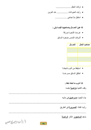51
•‫تركت‬‫الحقل‬........................
•‫رأيت‬‫الحيوانات‬‫عند‬ ..................‫العرين‬
•‫استقبل‬‫نبأ‬‫نجاحى‬...................
‫عين‬‫الحــــال‬‫وصاحبهــا‬‫فيمــا‬‫يلى‬:
‫غرست‬‫الشجرة‬‫مورقة‬
‫أشرقت‬‫الشمس‬‫مصفرة‬‫السائق‬
‫استيقظ‬‫من‬‫النوم‬‫ـا‬ً‫ـ‬‫نشيطـ‬
‫انطلق‬‫السائق‬‫ــا‬ً‫ـ‬‫مسرعــ‬
‫أعر ب‬‫ما‬‫تحته‬‫خط‬:
‫وقف‬‫التلميذ‬‫وا‬ً‫ا‬ ‫مزهـــ‬‫بنفسه‬
..............................................................................................................................
‫جاء‬‫الجنود‬‫مسرعــين‬‫فى‬‫مشيه‬
..............................................................................................................................
‫رأيت‬‫الفتاة‬‫المسرورة‬‫فى‬‫الطريق‬
..............................................................................................................................
‫شاهد‬‫السائحون‬‫الاثار‬‫الرائعــة‬
‫الحال‬ ‫صاحب‬‫الحــــال‬
 