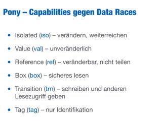 Pony – Capabilities gegen Data Races
• Isolated (iso) – verändern, weiterreichen

• Value (val) – unveränderlich

• Reference (ref) – veränderbar, nicht teilen

• Box (box) – sicheres lesen

• Transition (trn) – schreiben und anderen
Lesezugriﬀ geben

• Tag (tag) – nur Identiﬁkation
 