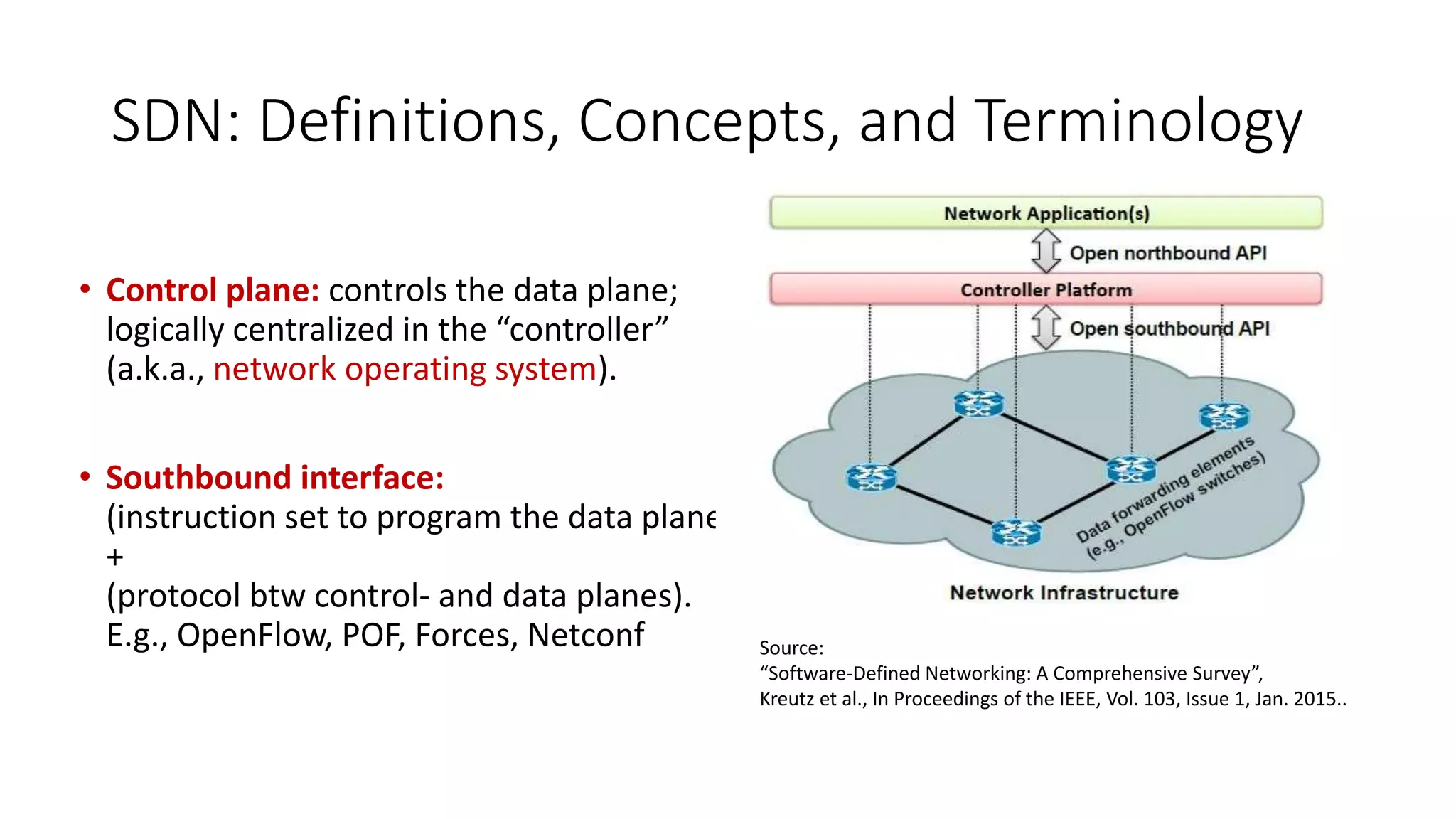 • Control plane: controls the data plane;
logically centralized in the “controller”
(a.k.a., network operating system).
• Southbound interface:
(instruction set to program the data plane)
+
(protocol btw control- and data planes).
E.g., OpenFlow, POF, Forces, Netconf
SDN: Definitions, Concepts, and Terminology
Source:
“Software-Defined Networking: A Comprehensive Survey”,
Kreutz et al., In Proceedings of the IEEE, Vol. 103, Issue 1, Jan. 2015..
 