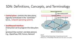 • Data plane: network infrastructure
consisting of interconnected forwarding
devices (a.k.a., forwarding plane).
• Forward...