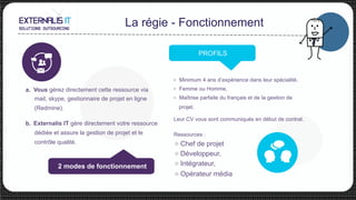 La régie - Fonctionnement
2 modes de fonctionnement
a.  Vous gérez directement cette ressource via
mail, skype, gestionnaire de projet en ligne
(Redmine).
b.  Externalis IT gère directement votre ressource
dédiée et assure la gestion de projet et le
contrôle qualité.
u  Minimum 4 ans d’expérience dans leur spécialité.
u  Femme ou Homme,
u  Maîtrise parfaite du français et de la gestion de
projet.
PROFILS
Leur CV vous sont communiqués en début de contrat.
Ressources :
u Chef de projet
u Développeur,
u Intégrateur,
u Opérateur média
 