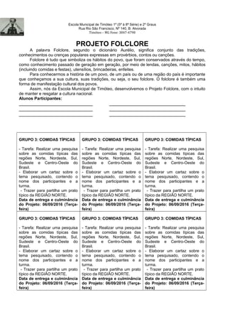 Escola Municipal de Timóteo 1º (5ª à 8ª Série) e 2º Graus
Rua Rio São Francisco, Nº 140, B: Alvorada
Timóteo – MG Fone: 3847-4798
PROJETO FOLCLORE
A palavra Folclore, segundo o dicionário Aurélio, significa conjunto das tradições,
conhecimentos ou crenças populares expressas em provérbios, contos ou canções.
Folclore é tudo que simboliza os hábitos do povo, que foram conservados através do tempo,
como conhecimento passado de geração em geração, por meio de lendas, canções, mitos, hábitos
(incluindo comidas e festas), utensílios, brincadeiras, enfeites.
Para conhecermos a história de um povo, de um país ou de uma região do país é importante
que conheçamos a sua cultura, suas tradições, ou seja, o seu folclore. O folclore é também uma
forma de manifestação cultural dos povos.
Assim, nós da Escola Municipal de Timóteo, desenvolvemos o Projeto Folclore, com o intuito
de manter e resgatar a cultura nacional.
Alunos Participantes:
_____________________________ ______________________________
_____________________________ ______________________________
_____________________________ ______________________________
GRUPO 3: COMIDAS TÍPICAS
- Tarefa: Realizar uma pesquisa
sobre as comidas típicas das
regiões Norte, Nordeste, Sul,
Sudeste e Centro-Oeste do
Brasil.
- Elaborar um cartaz sobre o
tema pesquisado, contendo o
nome dos participantes e a
turma.
- Trazer para partilha um prato
típico da REGIÃO NORTE.
Data de entrega e culminância
do Projeto: 06/09/2016 (Terça-
feira)
GRUPO 3: COMIDAS TÍPICAS
- Tarefa: Realizar uma pesquisa
sobre as comidas típicas das
regiões Norte, Nordeste, Sul,
Sudeste e Centro-Oeste do
Brasil.
- Elaborar um cartaz sobre o
tema pesquisado, contendo o
nome dos participantes e a
turma.
- Trazer para partilha um prato
típico da REGIÃO NORTE.
Data de entrega e culminância
do Projeto: 06/09/2016 (Terça-
feira)
GRUPO 3: COMIDAS TÍPICAS
- Tarefa: Realizar uma pesquisa
sobre as comidas típicas das
regiões Norte, Nordeste, Sul,
Sudeste e Centro-Oeste do
Brasil.
- Elaborar um cartaz sobre o
tema pesquisado, contendo o
nome dos participantes e a
turma.
- Trazer para partilha um prato
típico da REGIÃO NORTE.
Data de entrega e culminância
do Projeto: 06/09/2016 (Terça-
feira)
GRUPO 3: COMIDAS TÍPICAS
- Tarefa: Realizar uma pesquisa
sobre as comidas típicas das
regiões Norte, Nordeste, Sul,
Sudeste e Centro-Oeste do
Brasil.
- Elaborar um cartaz sobre o
tema pesquisado, contendo o
nome dos participantes e a
turma.
- Trazer para partilha um prato
típico da REGIÃO NORTE.
Data de entrega e culminância
do Projeto: 06/09/2016 (Terça-
feira)
GRUPO 3: COMIDAS TÍPICAS
- Tarefa: Realizar uma pesquisa
sobre as comidas típicas das
regiões Norte, Nordeste, Sul,
Sudeste e Centro-Oeste do
Brasil.
- Elaborar um cartaz sobre o
tema pesquisado, contendo o
nome dos participantes e a
turma.
- Trazer para partilha um prato
típico da REGIÃO NORTE.
Data de entrega e culminância
do Projeto: 06/09/2016 (Terça-
feira)
GRUPO 3: COMIDAS TÍPICAS
- Tarefa: Realizar uma pesquisa
sobre as comidas típicas das
regiões Norte, Nordeste, Sul,
Sudeste e Centro-Oeste do
Brasil.
- Elaborar um cartaz sobre o
tema pesquisado, contendo o
nome dos participantes e a
turma.
- Trazer para partilha um prato
típico da REGIÃO NORTE.
Data de entrega e culminância
do Projeto: 06/09/2016 (Terça-
feira)
 