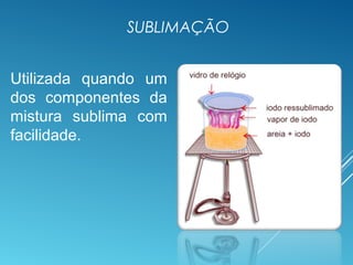 SUBLIMAÇÃO
Utilizada quando um
dos componentes da
mistura sublima com
facilidade.
 