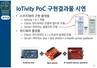 IoTivity PoC 구현결과물 시연
• 소프트웨어 구현 플랫폼
– IoTivity 1.0.1 적용
– Client: 안드로이드 단말의 앱으로 구현
– Server: 아두이노 응용으로 구현
• 하드웨어 플랫폼
– Client: 안드로이드 5.1.x 이상이 탑재된 단말
– Server: 아두이노 due + BLE shield + e-health sensor platform
21
Arduino due BLE shield E-health sensor platform
 