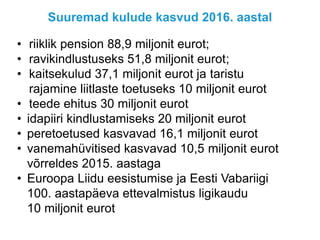 Suuremad kulude kasvud 2016. aastal
• riiklik pension 88,9 miljonit eurot;
• ravikindlustuseks 51,8 miljonit eurot;
• kaitsekulud 37,1 miljonit eurot, sh taristu
rajamine liitlaste toetuseks 11 miljonit eurot
• teede ehitus 21 miljonit eurot
• idapiiri kindlustamiseks 20 miljonit eurot
• peretoetused kasvavad 16,1 miljonit eurot
• vanemahüvitised kasvavad 10,5 miljonit eurot
võrreldes 2015. aastaga
• Euroopa Liidu eesistumise ja Eesti Vabariigi
100. aastapäeva ettevalmistus ligikaudu
10 miljonit eurot
 