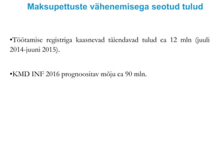 Maksupettuste vähenemisega seotud tulud
•Töötamise registriga kaasnevad täiendavad tulud ca 12 mln (juuli
2014-juuni 2015).
•KMD INF 2016 prognoositav mõju ca 90 mln.
 