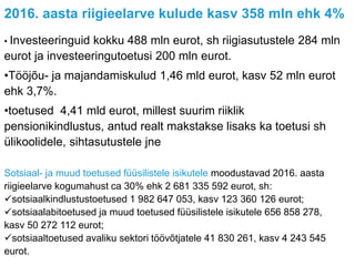 2016. aasta riigieelarve kulude kasv 358 mln ehk 4%
• Investeeringuid kokku 488 mln eurot, sh riigiasutustele 284 mln
eurot ja investeeringutoetusi 200 mln eurot.
•Tööjõu- ja majandamiskulud 1,46 mld eurot, kasv 52 mln eurot
ehk 3,7%.
•toetused 4,41 mld eurot, millest suurim riiklik
pensionikindlustus, antud realt makstakse lisaks ka toetusi sh
ülikoolidele, sihtasutustele jne
Sotsiaal- ja muud toetused füüsilistele isikutele moodustavad 2016. aasta
riigieelarve kogumahust ca 30% ehk 2 681 335 592 eurot, sh:
sotsiaalkindlustustoetused 1 982 647 053, kasv 123 360 126 eurot;
sotsiaalabitoetused ja muud toetused füüsilistele isikutele 656 858 278,
kasv 50 272 112 eurot;
sotsiaaltoetused avaliku sektori töövõtjatele 41 830 261, kasv 4 243 545
eurot.
 