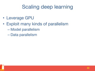 Scaling deep learning 
•  Leverage GPU 
•  Exploit many kinds of parallelism
– Model parallelism
– Data parallelism
22	
 