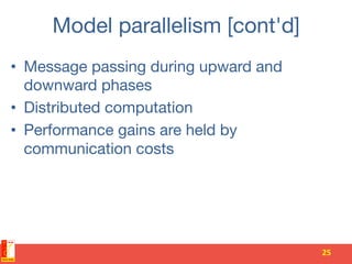 Model parallelism [cont'd]
•  Message passing during upward and
downward phases
•  Distributed computation 
•  Performance gains are held by
communication costs 
25	
 