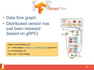 •  Data ﬂow graph
•  Distributed version has
just been released
(based on gRPC)
39	
 