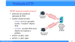 © 2009 by Almir Silveira 2
2
Protocolo HTTP
HTTP: hypertext transfer protocol
• protocolo da camada de
aplicação da Web
• modelo cliente/servidor
– cliente: browser que pede,
recebe, “visualiza” objetos
Web
– servidor: servidor Web envia
objetos em resposta a
pedidos
• HTTP 1.0: RFC 1945
• HTTP 1.1: RFC 2068
PC executa
Explorer
Servidor
executando
servidor
WWW
do NCSA
Mac executa
Navigator
 