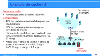 © 2009 by Almir Silveira 23
23
Exemplo de cache (3)
Instale uma cache
• Assuma que a taxa de acerto seja de 0,4
Consequências
• 40% dos pedidos serão atendidos quase que
imediatamente
• 60% dos pedidos serão servidos pelos
servidores de origem
• Utilização do canal de acesso é reduzido para
60%, resultando em atrasos desprezíveis (ex.
10 mseg)
• Atraso total = atraso da Internet + atraso de
acesso + atraso na LAN = 0,6*2 seg +
0,6*0,01 segs + msegs < 1,3 segs
Servidores
de origem
Internet
pública
rede da
instituição
LAN 10 Mbps
enlace de acesso
1,5 Mbps
cache
institucional
 