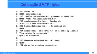 © 2009 by Almir Silveira 32
32
Interação SMTP típica
S: 220 doces.br
C: HELO consumidor.br
S: 250 Hello consumidor.br, pleased to meet you
C: MAIL FROM: <ana@consumidor.br>
S: 250 ana@consumidor.br... Sender ok
C: RCPT TO: <bernardo@doces.br>
S: 250 bernardo@doces.br ... Recipient ok
C: DATA
S: 354 Enter mail, end with "." on a line by itself
C: Voce gosta de chocolate?
C: Que tal sorvete?
C: .
S: 250 Message accepted for delivery
C: QUIT
S: 221 doces.br closing connection
8 - 32
 