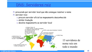 © 2009 by Almir Silveira 45
45
DNS: Servidores raiz
 procurado por servidor local que não consegue resolver o nome
 servidor raiz:
 procura servidor oficial se mapeamento desconhecido
 obtém tradução
 devolve mapeamento ao servidor local
13 servidores de
nome raiz em
todo o mundo
a Verisign, Dulles, VA
c Cogent, Herndon, VA (also Los Angeles)
d U Maryland College Park, MD
g US DoD Vienna, VA
h ARL Aberdeen, MD
j Verisign, ( 11 locations)
b USC-ISI Marina del Rey, CA
l ICANN Los Angeles, CA
e NASA Mt View, CA
f Internet Software C. Palo Alto,
CA (and 17 other locations)
i Autonomica, Stockholm
(plus 3 other locations)
k RIPE London (also Amsterdam, Frankfurt)
m WIDE Tokyo
8 - 45
 