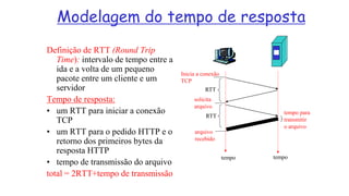 Modelagem do tempo de resposta
Definição de RTT (Round Trip
Time): intervalo de tempo entre a
ida e a volta de um pequeno
pacote entre um cliente e um
servidor
Tempo de resposta:
• um RTT para iniciar a conexão
TCP
• um RTT para o pedido HTTP e o
retorno dos primeiros bytes da
resposta HTTP
• tempo de transmissão do arquivo
total = 2RTT+tempo de transmissão
tempo para
transmitir
o arquivo
Inicia a conexão
TCP
RTT
solicita
arquivo
RTT
arquivo
recebido
tempo tempo
8 - 7
 