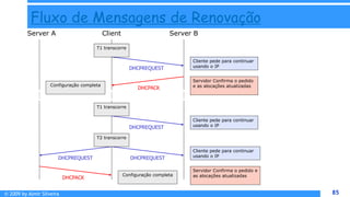 © 2009 by Almir Silveira 85
85
Fluxo de Mensagens de Renovação
Server A Client Server B
Cliente pede para continuar
usando o IP
DHCPREQUEST
Servidor Confirma o pedido
e as alocações atualizadas
DHCPACK
Cliente pede para continuar
usando o IP
DHCPREQUEST DHCPREQUEST
Servidor Confirma o pedido e
as alocações atualizadas
DHCPACK
Configuração completa
T1 transcorre
T1 transcorre
Cliente pede para continuar
usando o IP
DHCPREQUEST
T2 transcorre
Configuração completa
 